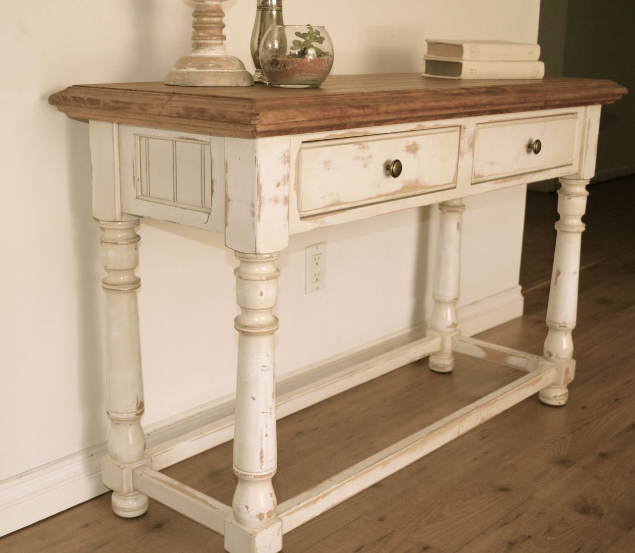 Farmhouse Style Console Table Distressed White Paint Tuscan Style For Antique White Distressed Console Tables (Photo 1 of 30)