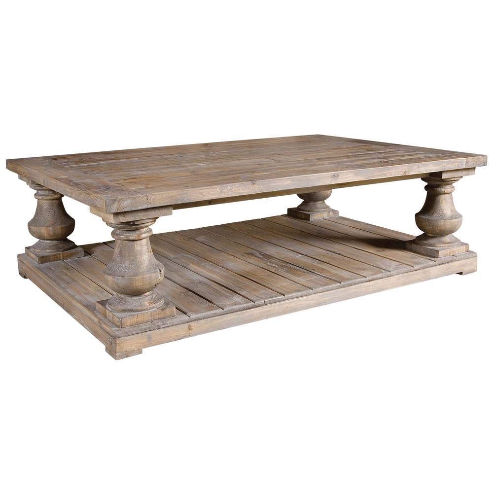 Gamble Rustic Lodge Salvaged Fir Stone Wash Coffee Table | Kathy Kuo Intended For Hand Carved White Wash Console Tables (View 13 of 30)