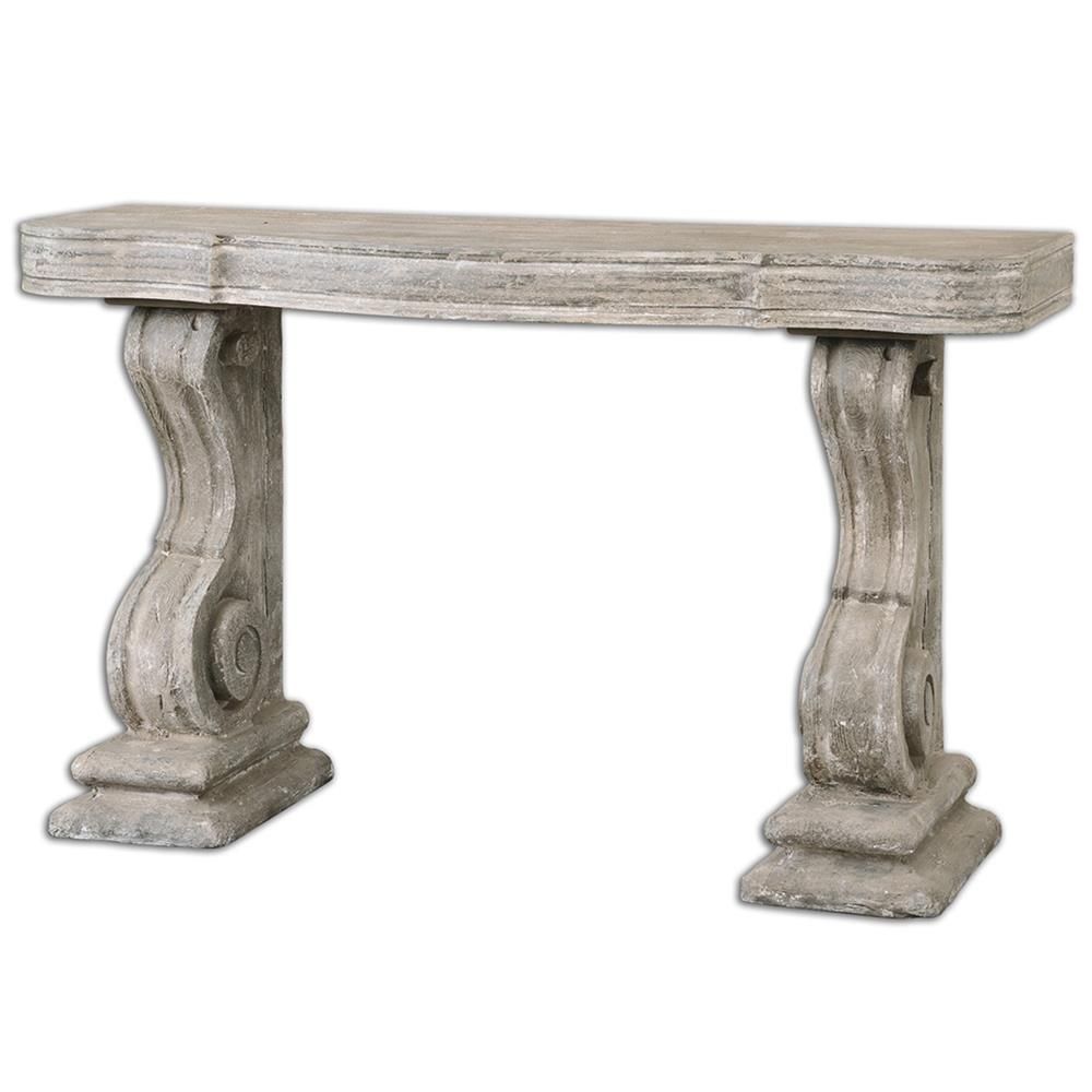 Lisette French Country Antique Grey Stone Carved Console Table Inside Antique White Distressed Console Tables (View 17 of 30)