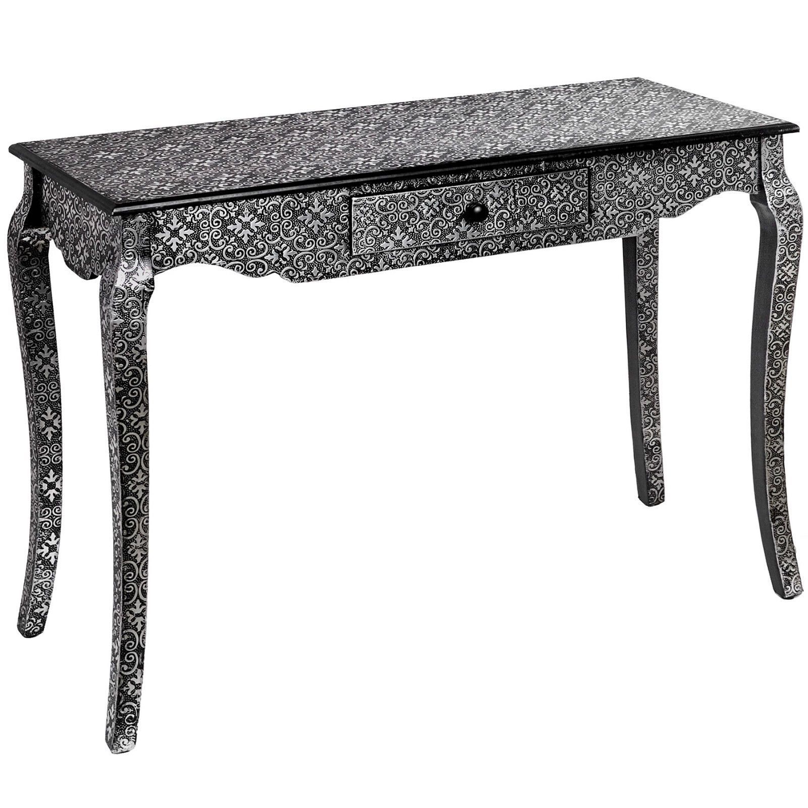 Marrakech Moroccan Style Carved Black Silver Wood Dressing Pedestal With Regard To Black And White Inlay Console Tables (Photo 10 of 30)