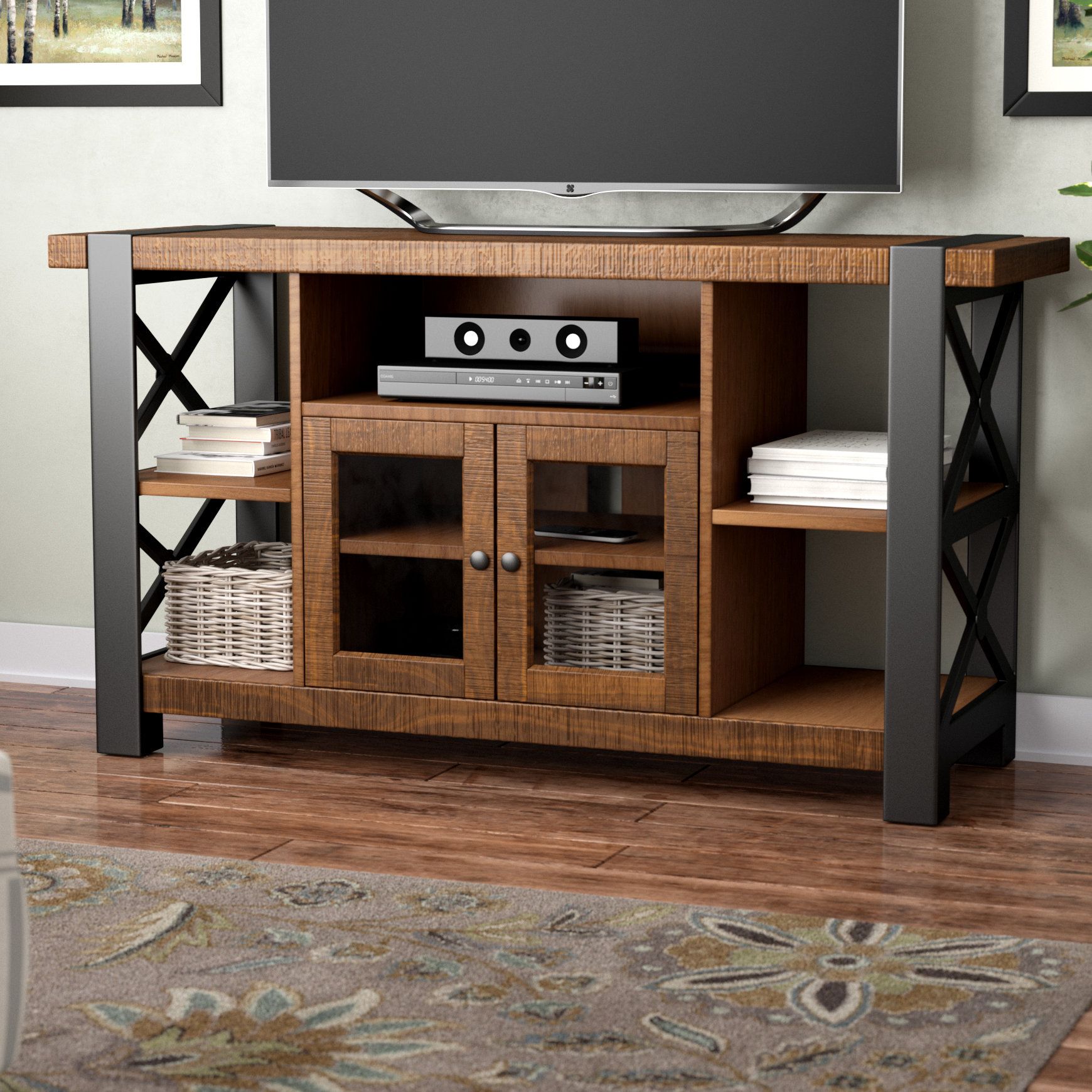 Metal Tv Stands You'll Love | Wayfair Intended For Gunmetal Perforated Brass Media Console Tables (Photo 29 of 30)