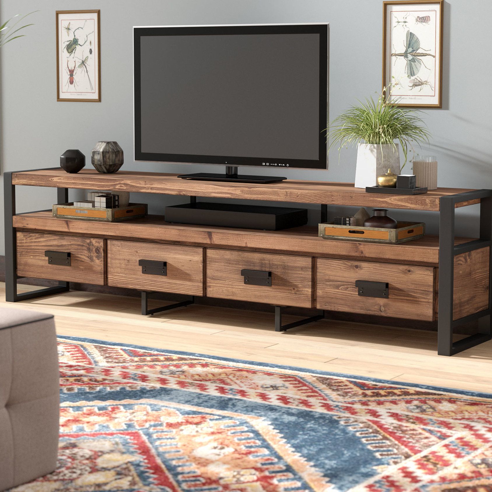 Metal Tv Stands You'll Love | Wayfair Throughout Gunmetal Perforated Brass Media Console Tables (View 28 of 30)
