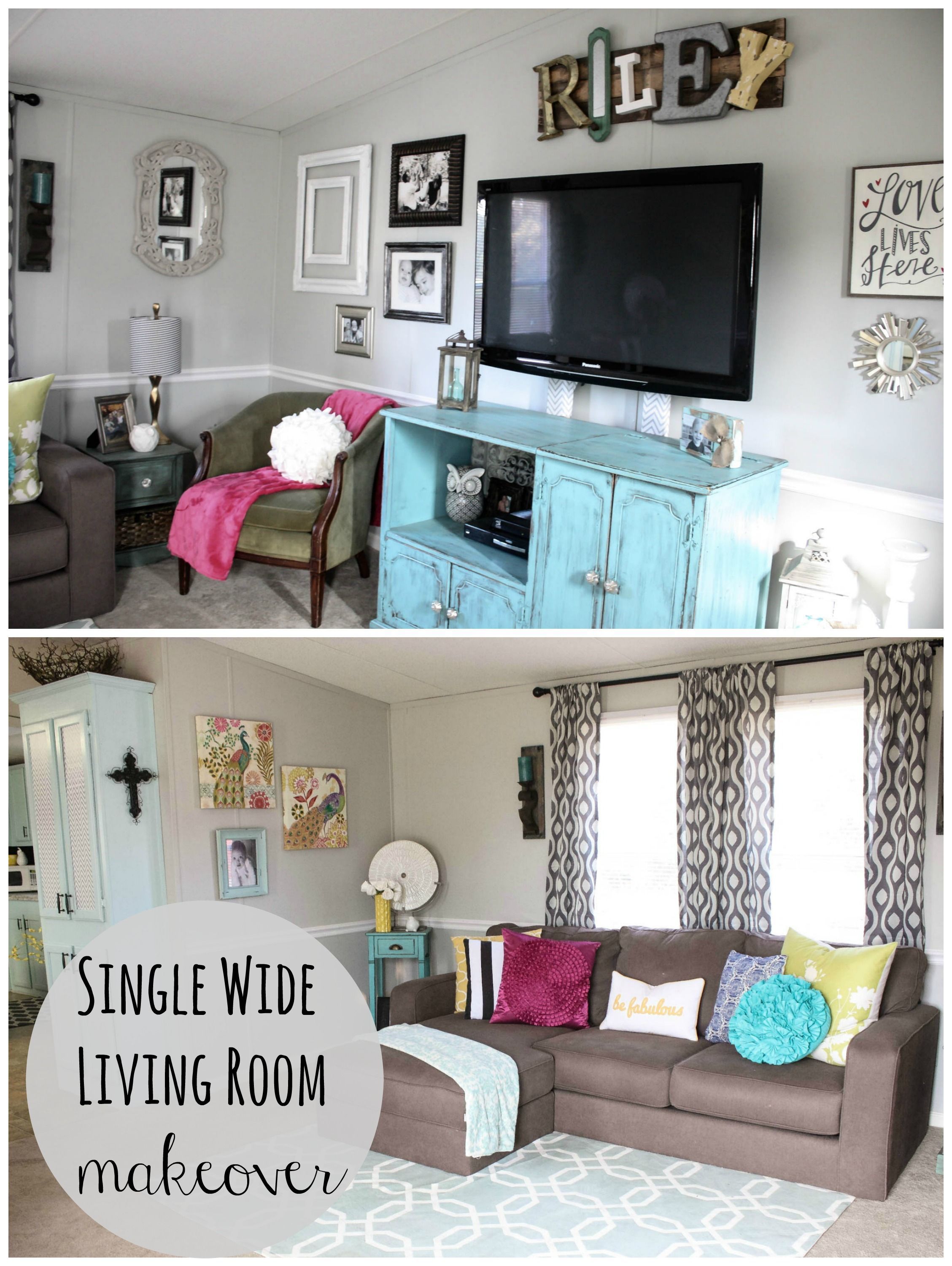 Mobile Home Living Room Reveal | Mobile Makeovers | Mobile Home With Bale Rustic Grey 82 Inch Tv Stands (View 16 of 30)