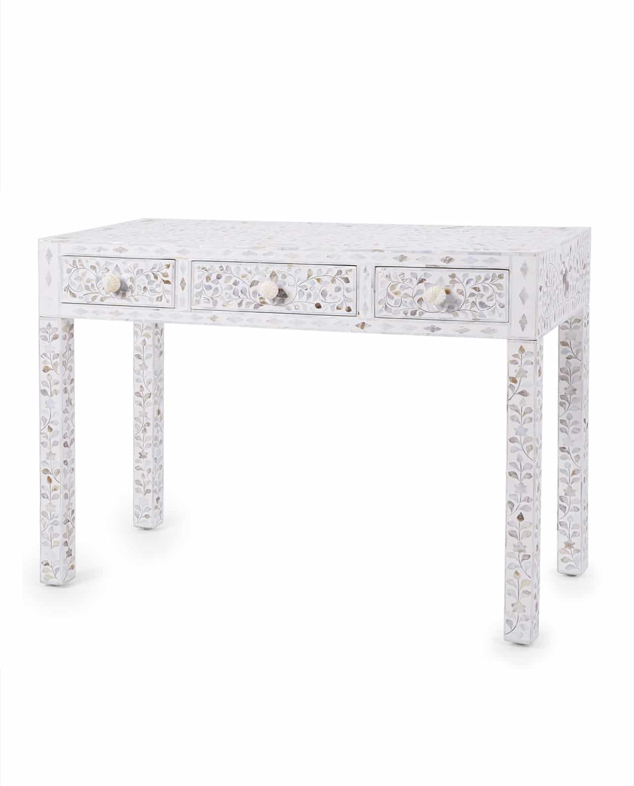 Mother Of Pearl Inlay 3 Draw Console Table – White Intended For Black And White Inlay Console Tables (View 5 of 30)