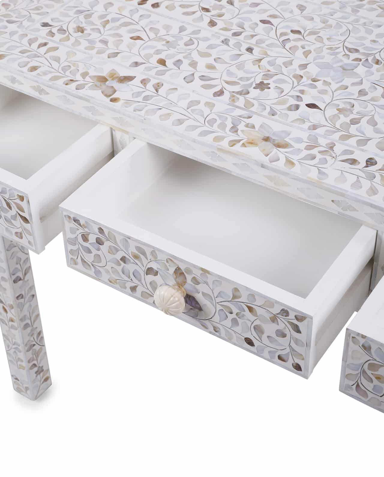 Mother Of Pearl Inlay 3 Draw Console Table – White Regarding Black And White Inlay Console Tables (Photo 13 of 30)