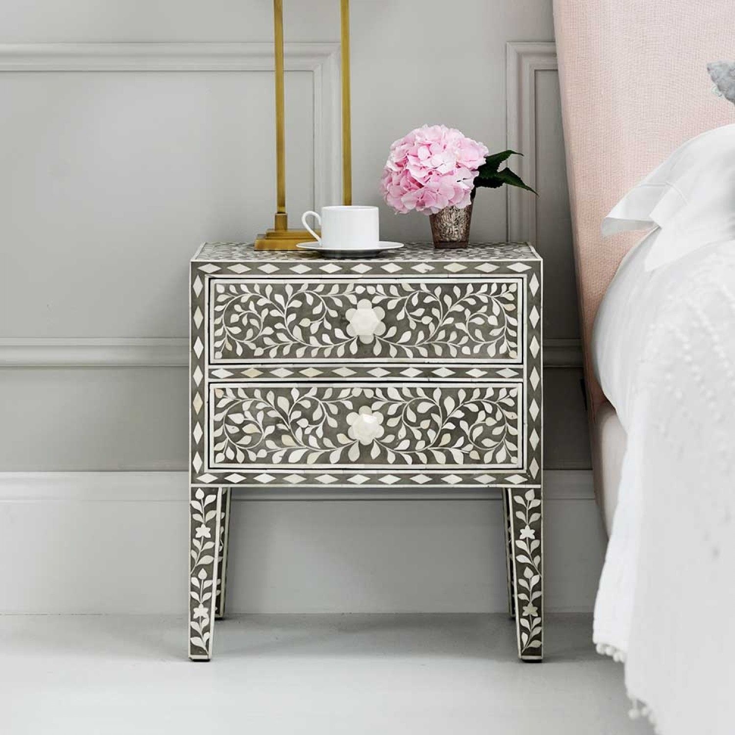 Mother Pearl Inlay Furniture Bone Tray Black Metal Nightstand Regarding Black And White Inlay Console Tables (Photo 28 of 30)