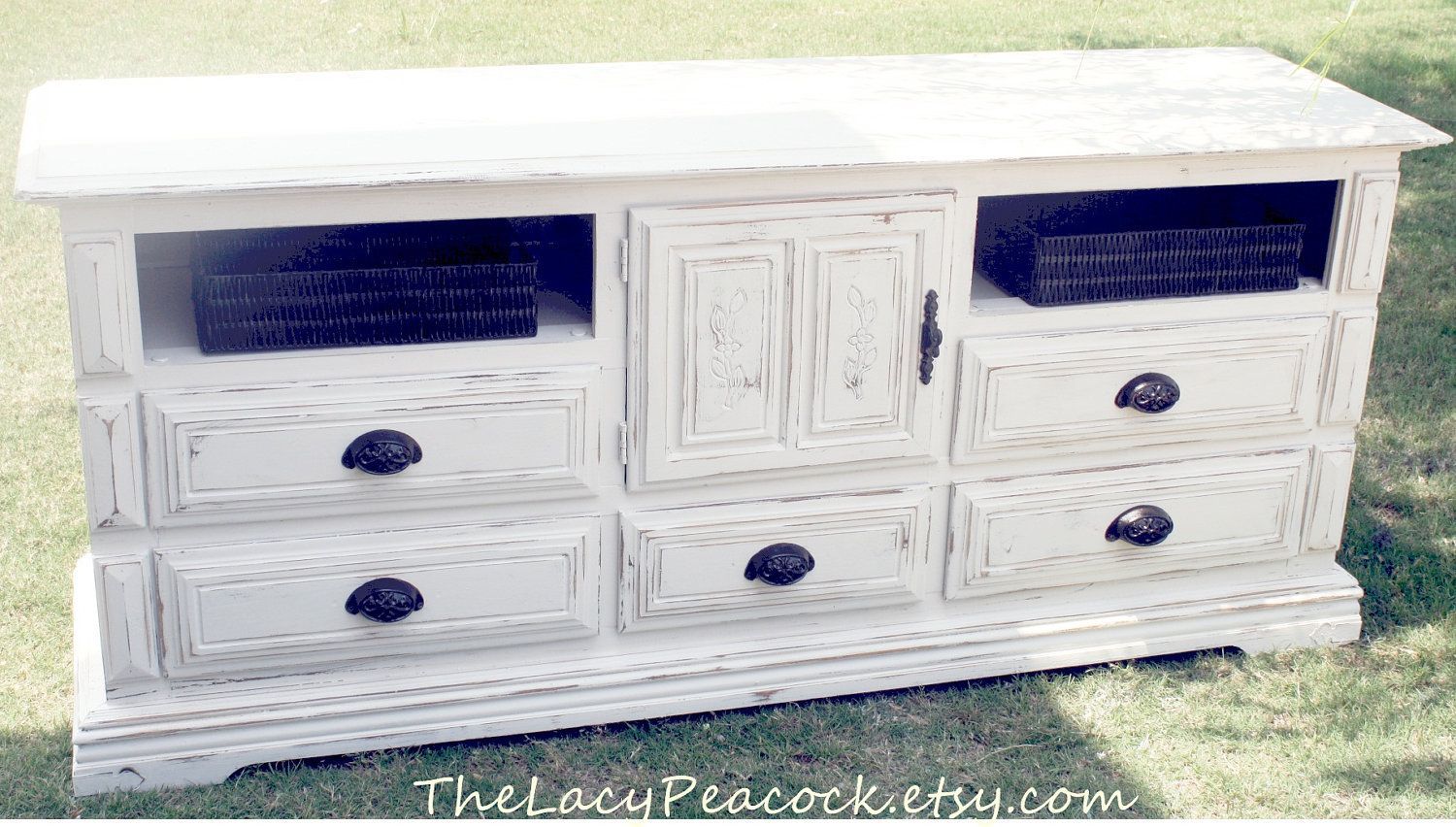 Vintage White Distressed Dresser/ Tv Stand/buffet/changing Table Regarding Casey Grey 74 Inch Tv Stands (Photo 16 of 30)