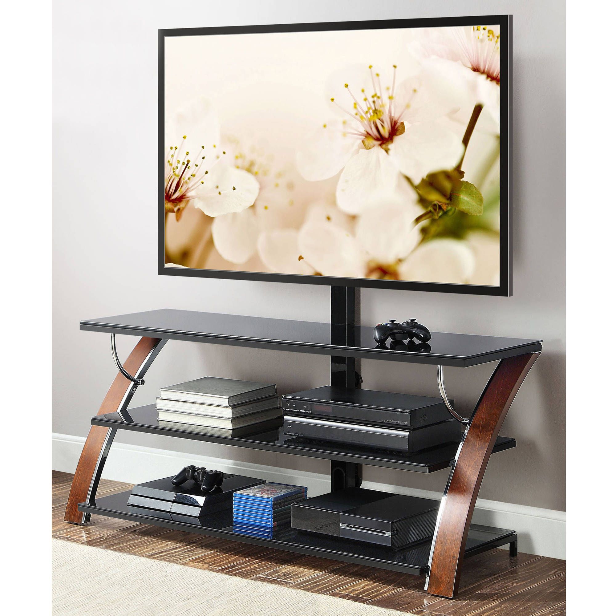 Whalen Payton Brown Cherry 3 In 1 Flat Panel Tv Stand For Tvs Up To Within Jaxon 71 Inch Tv Stands (Photo 11 of 30)