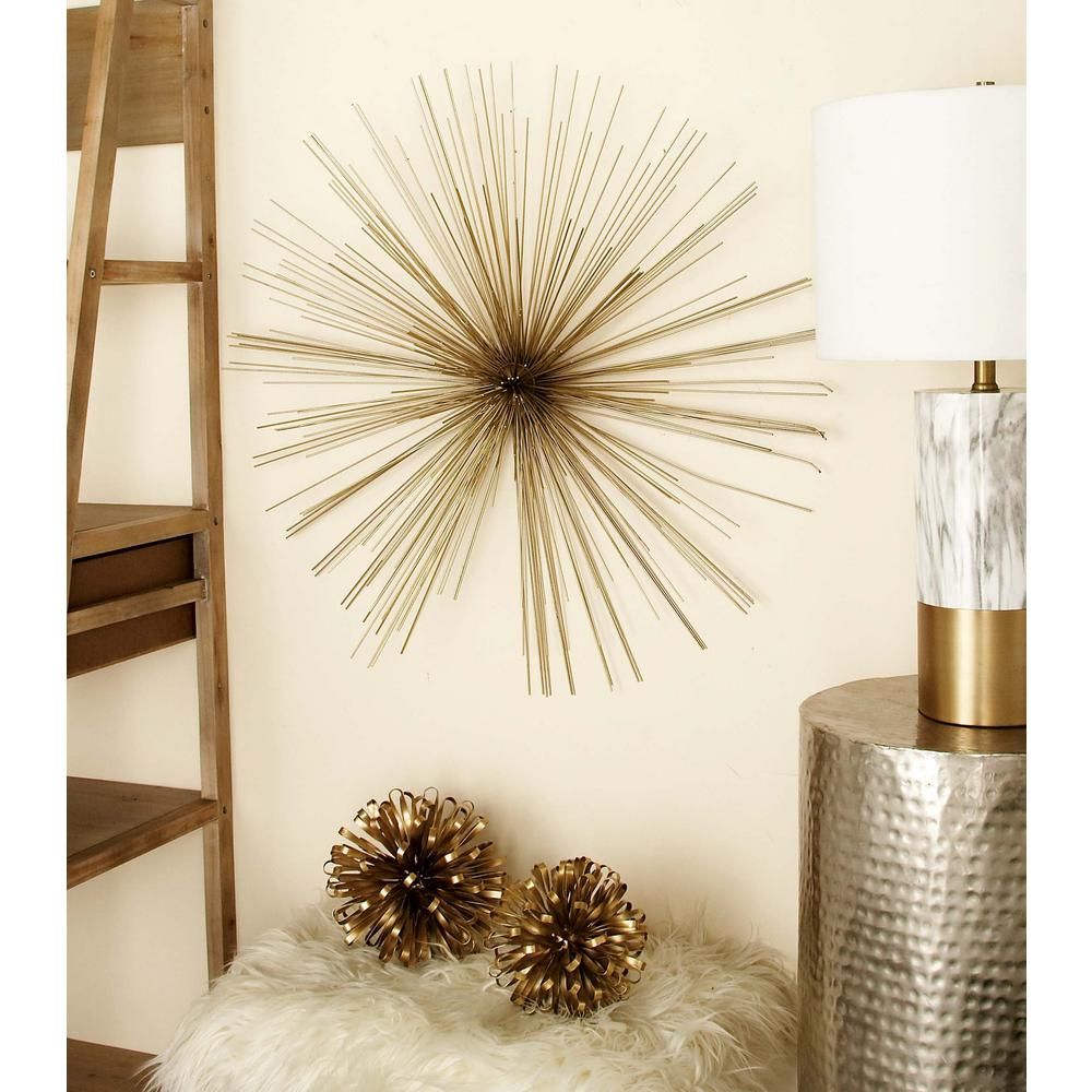 32 In. Modern Gold Iron Wire Burst Style Wall Decor Intended For Starburst Wall Decor (Photo 17 of 30)