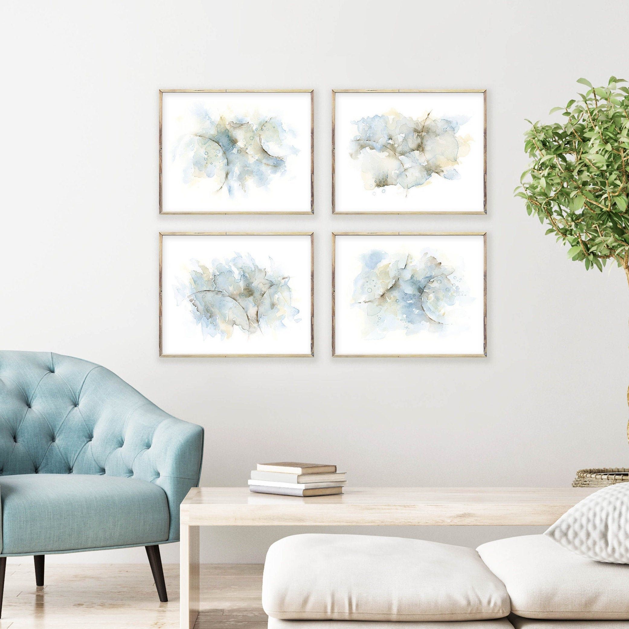 4 Piece Wall Art, Abstract Painting Watercolor Art Print Set Of Four, Grey  Blue Brown Living Room Wall Art, Bedroom Wall Decor Over The Bed Regarding 4 Piece Wall Decor Sets (View 30 of 30)