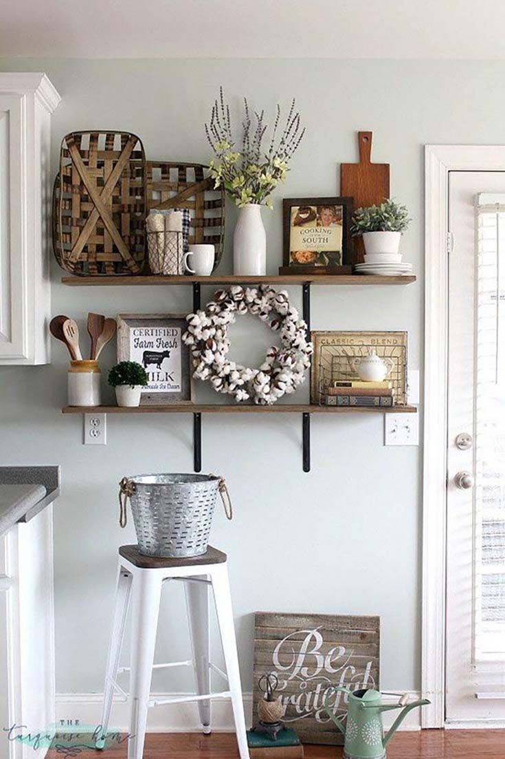 40 Favorite Farmhouse Wall Decor And Shelving Ideas For 2019 Intended For Farm Metal Wall Rack And 3 Tin Pot With Hanger Wall Decor (Photo 29 of 30)