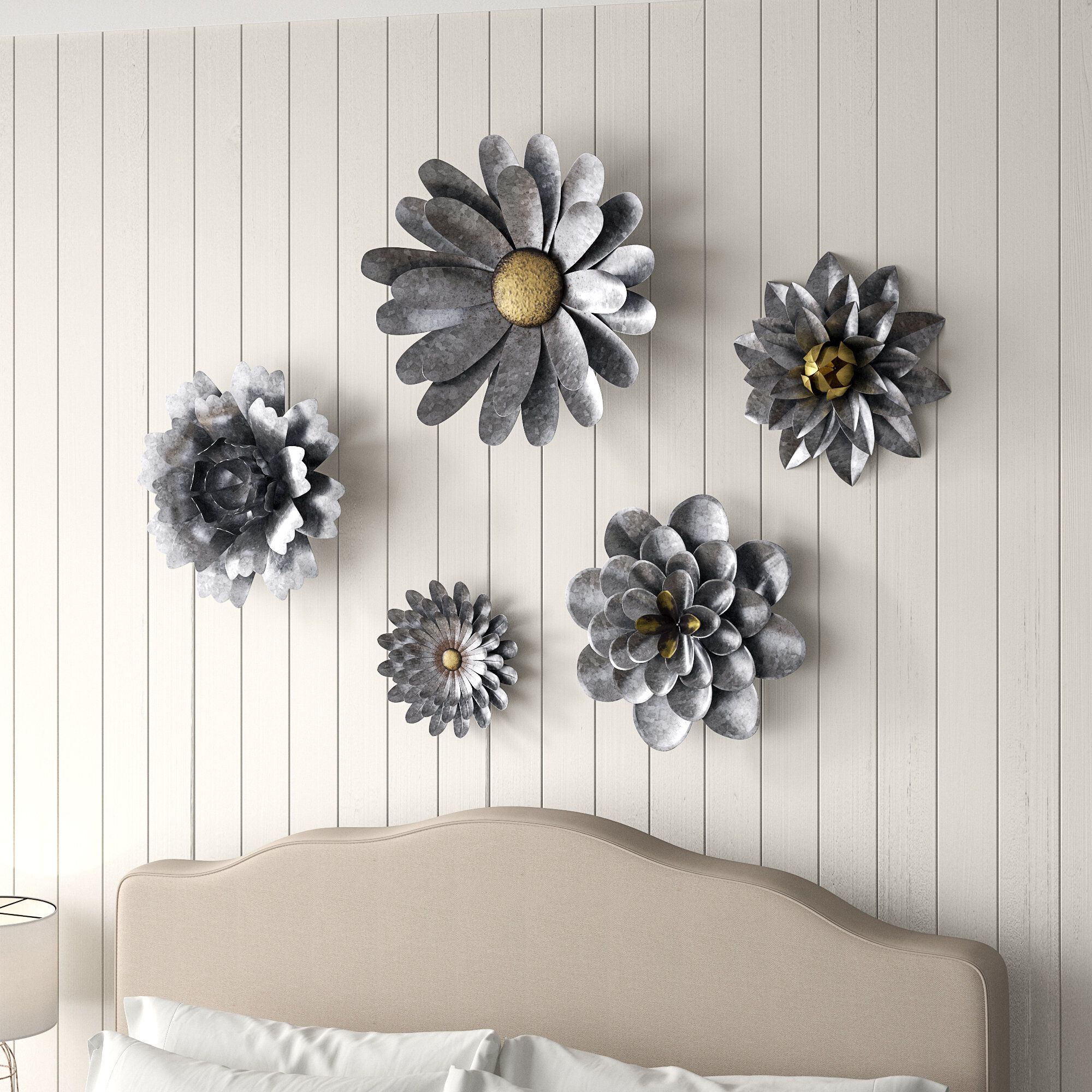5 Piece Galvanized Metal Flower Hanging Wall Décor Set Within 2 Piece Multiple Layer Metal Flower Wall Decor Sets (View 2 of 30)