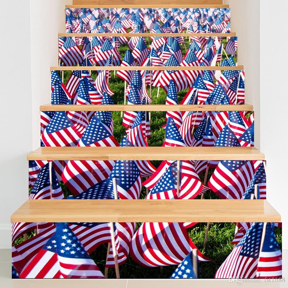 6pcs/set America Flag 3d Stairway Stickers Stairs Stickers Fall Floor  Waterproof Removable Wall Decor Decals Sticker Living Room Decoration Intended For American Flag 3d Wall Decor (View 2 of 30)