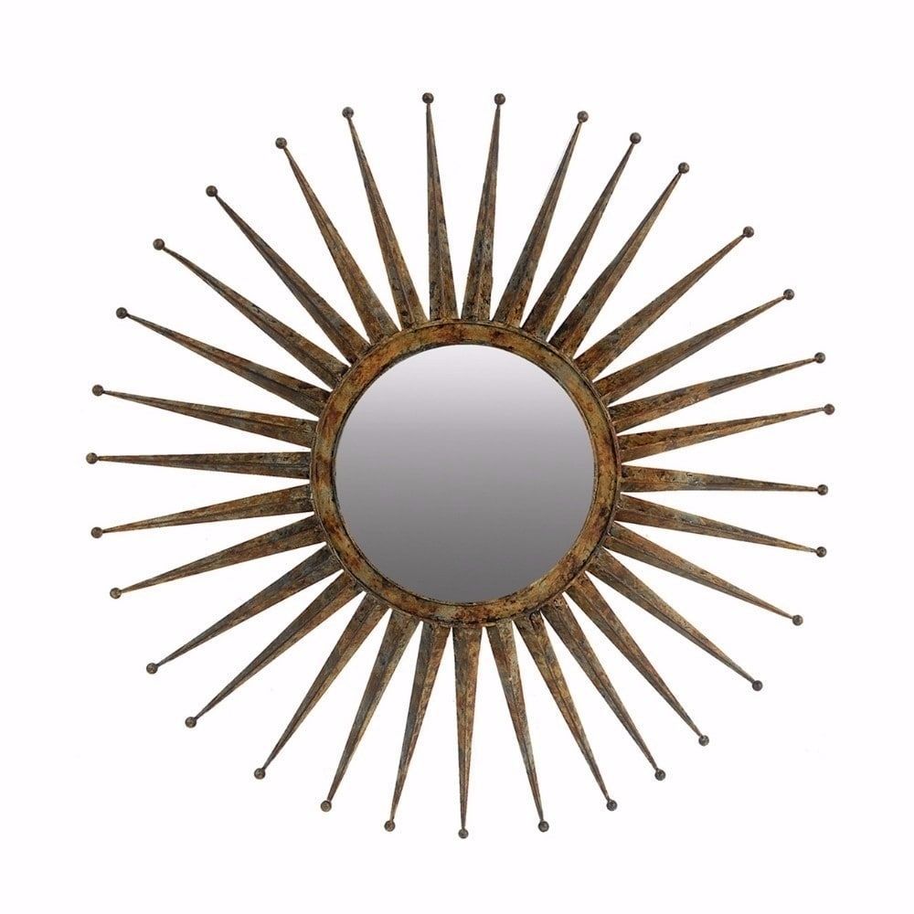 Benzara Antiquely Styled Golden Flare Starburst Distressed Pertaining To Estrela Modern Sunburst Metal Wall Mirrors (View 12 of 30)