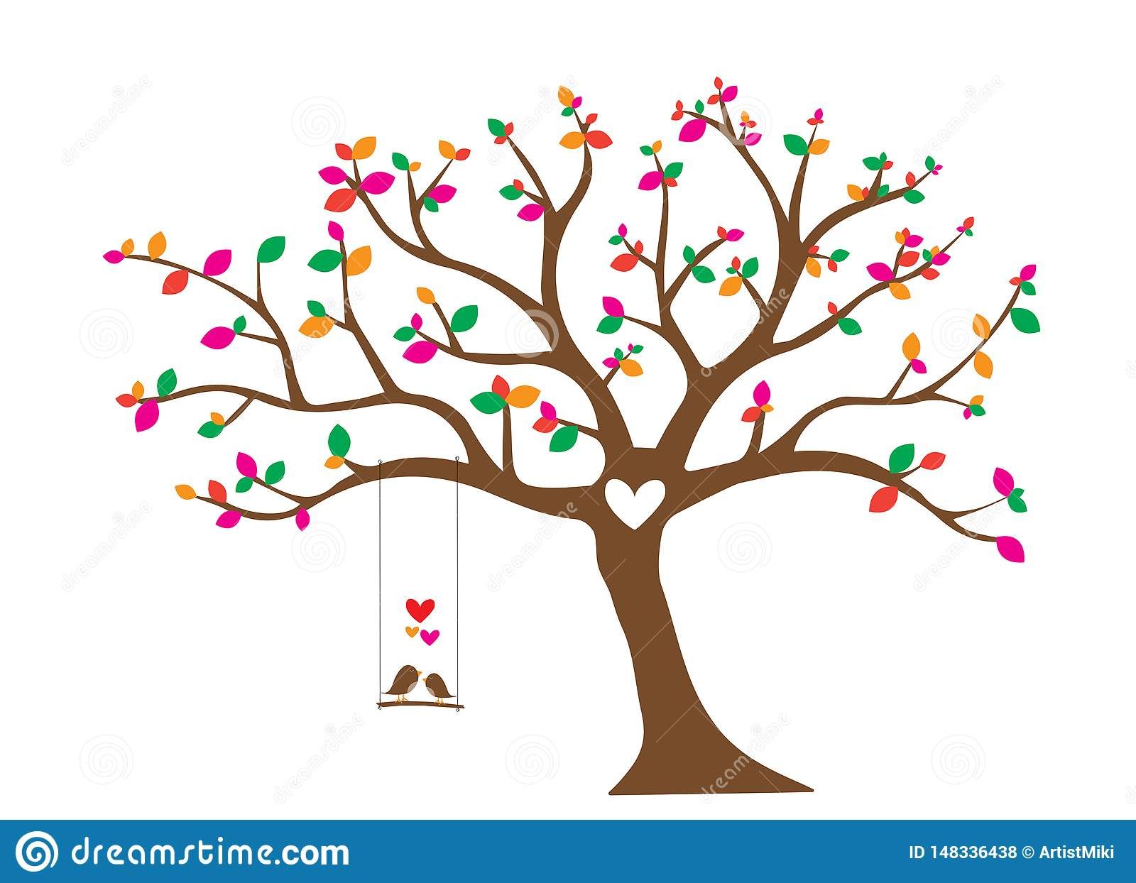 Birds Couple Silhouette On Colorful Tree With Heart Vector Regarding Birds On A Branch Wall Decor (View 28 of 30)