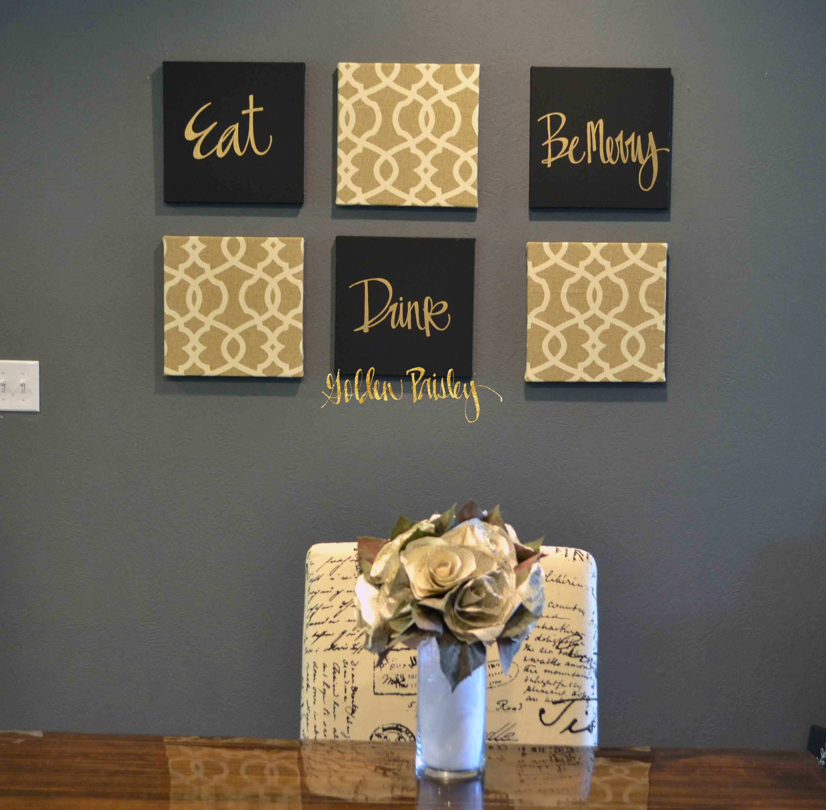 Black And Gold Eat Drink Be Merry Chic Wall Art Set Throughout Live Love Laugh 3 Piece Black Wall Decor Sets (View 28 of 30)