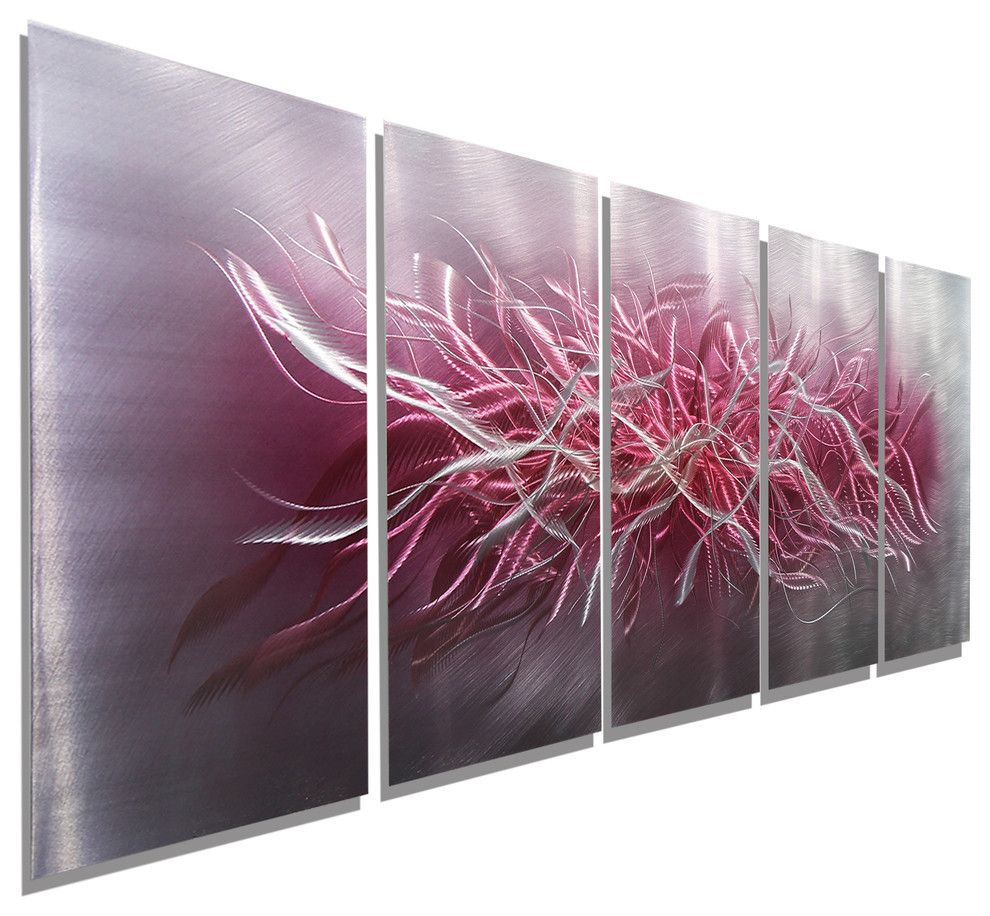 Bright Pink And Silver Handmade Abstract Painting Large Modern Metal Wall  Art With Regard To Contemporary Forest Metal Wall Decor (View 30 of 30)