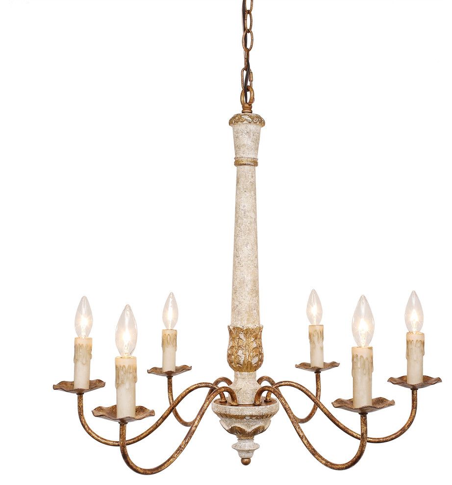 Colette French Country Antique White Wood And Gold Chandelier, 27" Throughout Silvia 6 Light Sputnik Chandeliers (View 23 of 30)