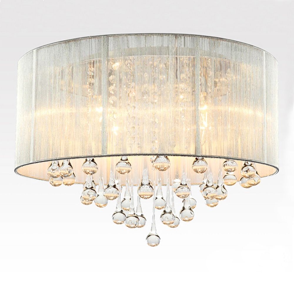 Crystal 4 Light White Drum Shade Chrome Flush Mount With Lindsey 4 Light Drum Chandeliers (View 22 of 30)