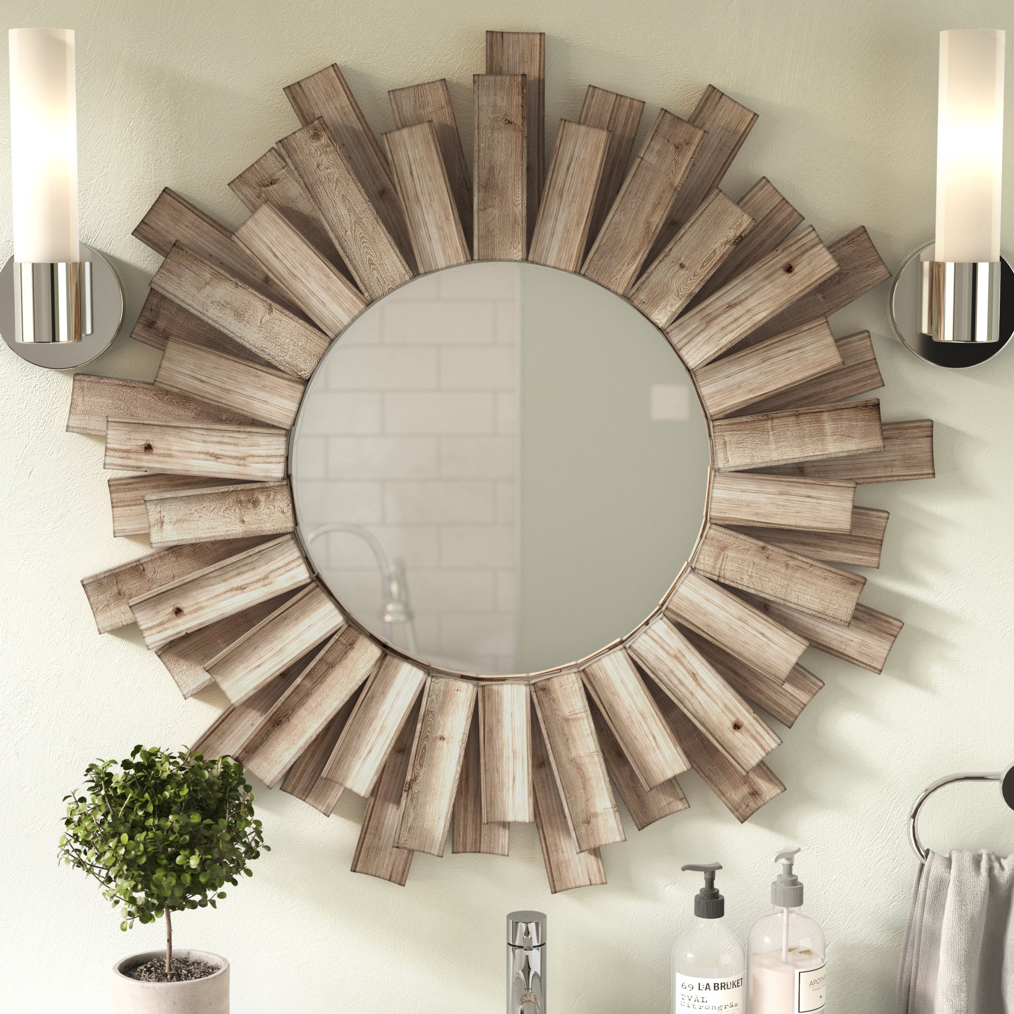 Details About Union Rustic Perillo Burst Wood Accent Mirror Within Wood Accent Mirrors (Photo 1 of 30)