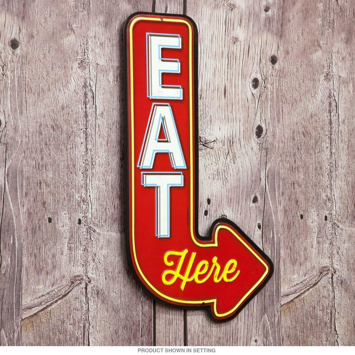 Eat Here Pointing Arrow Embossed Tin Sign | Fine Dine's With Regard To Casual Country Eat Here Retro Wall Decor (View 4 of 30)