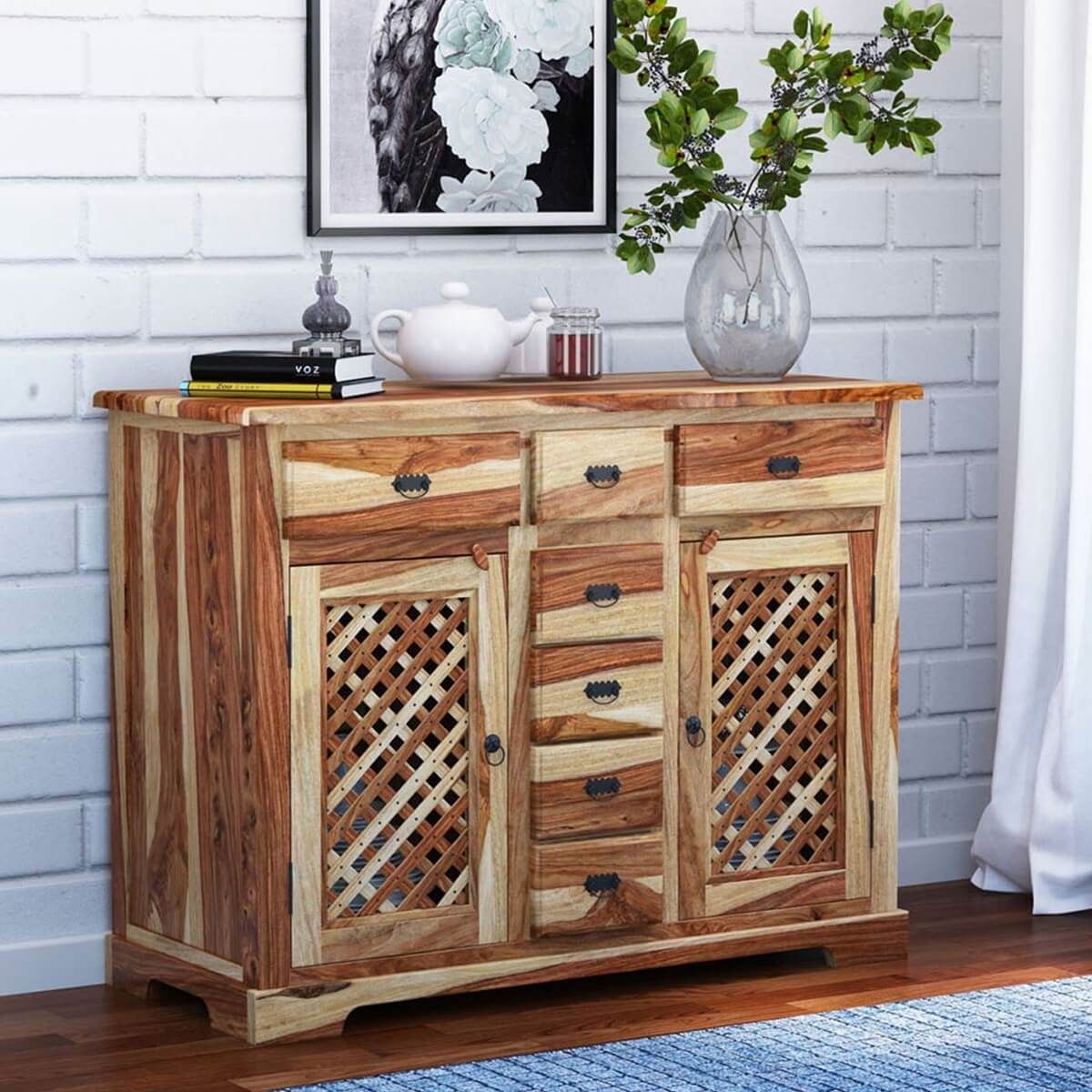 Galena Rustic Solid Wood Lattice Door 7 Drawer Sideboard Pertaining To Courtdale Sideboards (View 13 of 30)