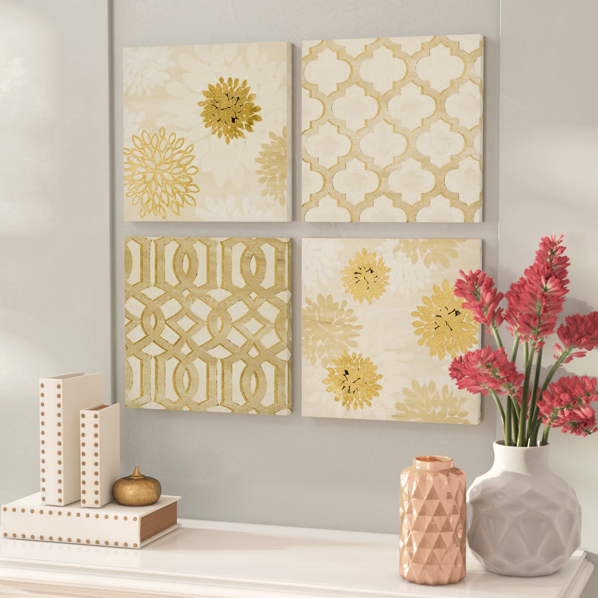 'gilded Grandeur' 4 Piece Graphic Art Print Set On Wrapped Canvas For 4 Piece Wall Decor Sets By Charlton Home (View 8 of 30)