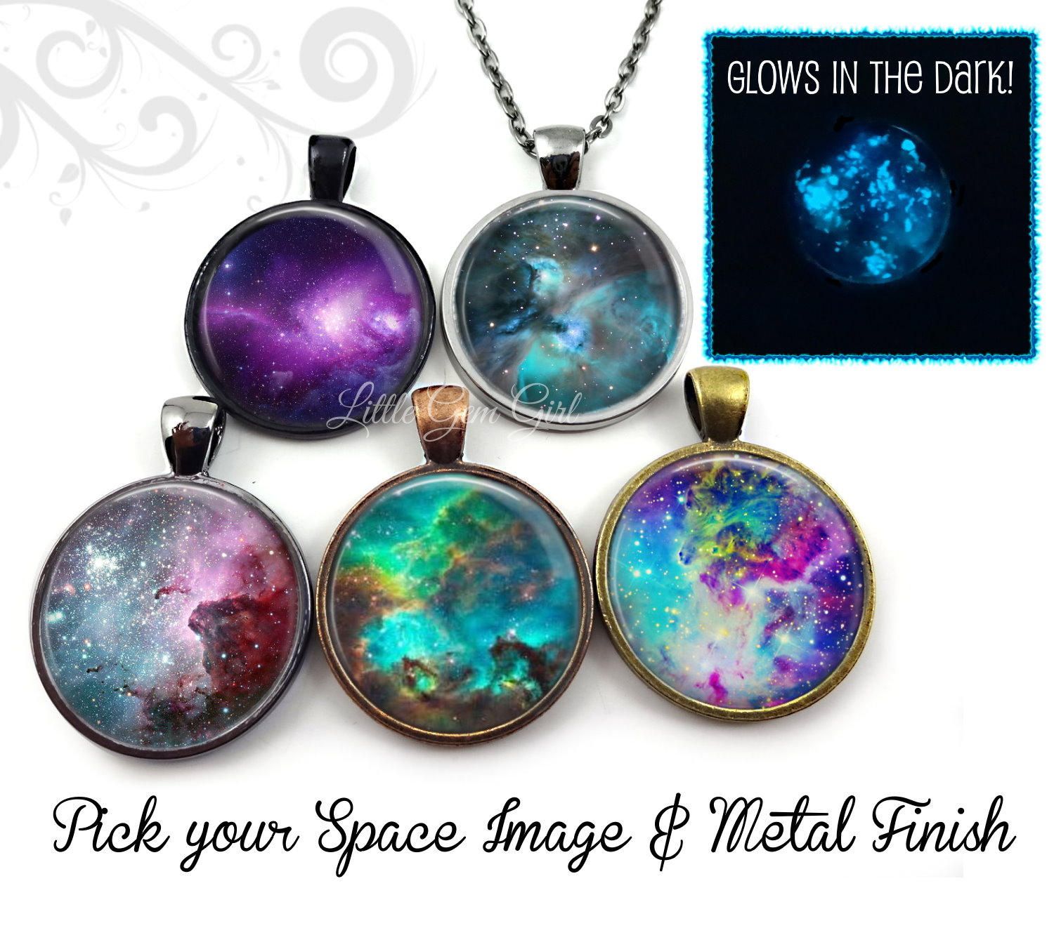 Glow In The Dark Galaxy Necklace – Nebula Necklace Galaxy Pendant – 23  Space Images Available – Glowing Stars Necklace Glowing Galaxy Charm In Schutt 5 Light Cluster Pendants (Photo 22 of 30)