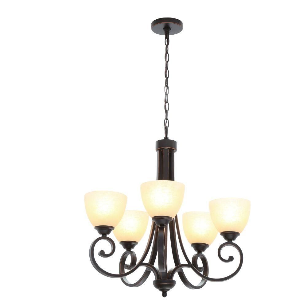 Hampton Bay Renae 5 Light Oil Rubbed Bronze Chandelier With Amber Glass  Shades Regarding Waldron 5 Light Globe Chandeliers (View 18 of 30)