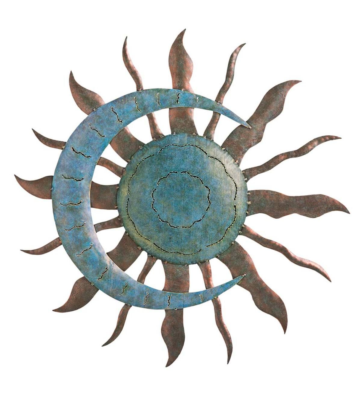 Handcrafted Blue And Copper Colored Recycled Metal Moon And Intended For Recycled Moon And Sun Wall Decor (Photo 1 of 30)