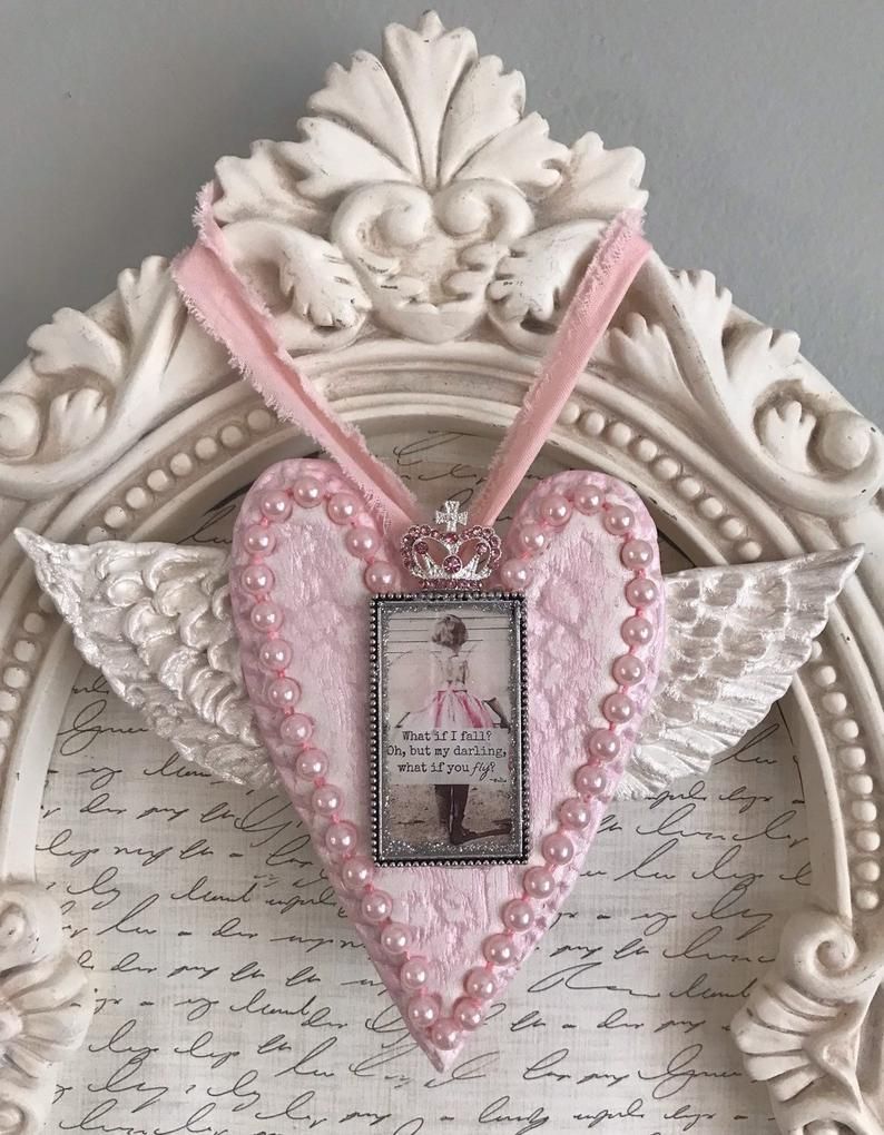 Heart And Wings Angel Wing Decor Handmade Shabby Vintage Pink "what If I  Fall" Heart And Wings W Crown Ribbons Guardian Angel Personalized For 2 Piece Heart Shaped Fan Wall Decor Sets (View 30 of 30)