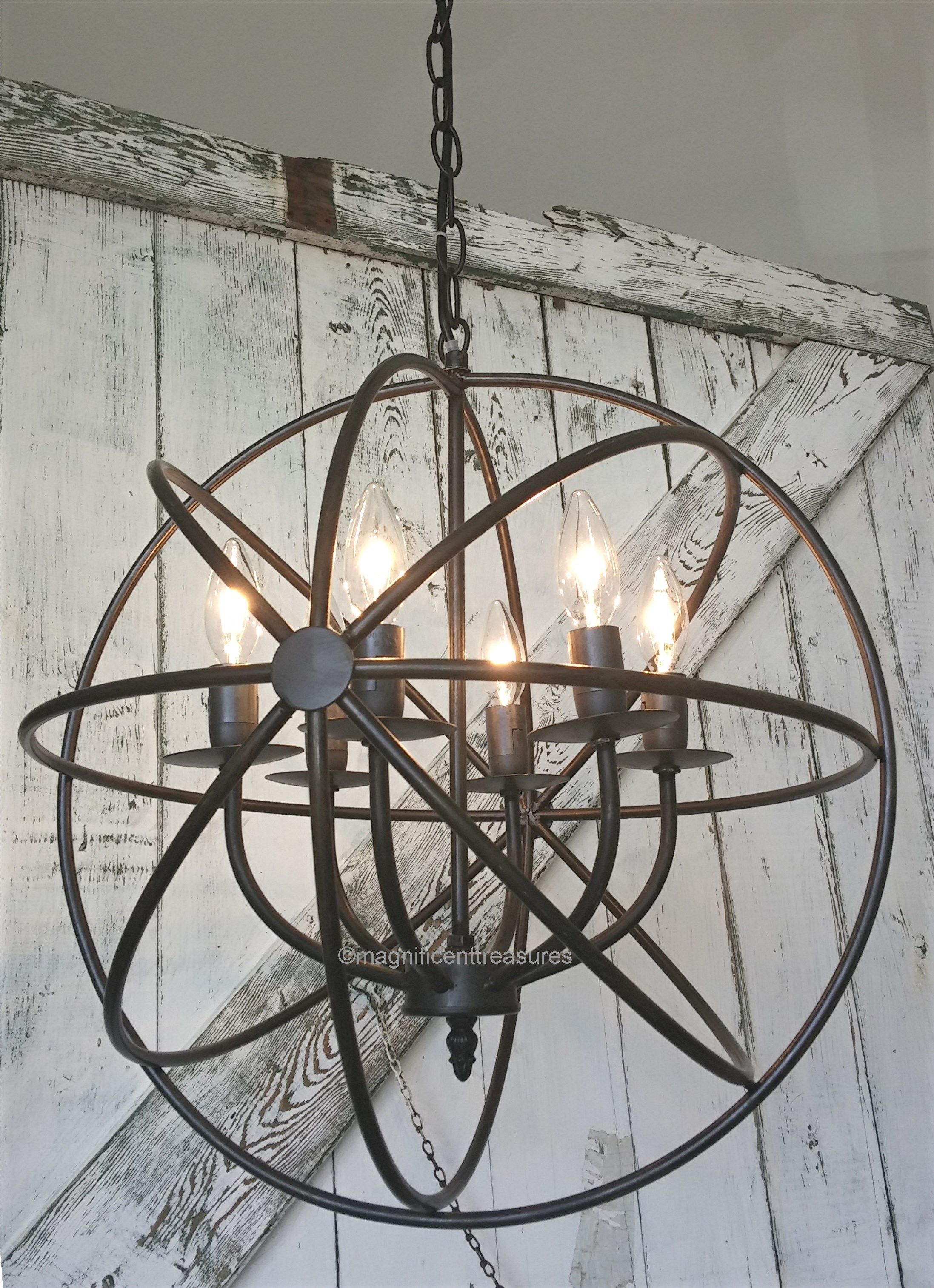 Industrial, Rustic Metal Round Armillary Sphere Chandelier With Nisbet 4 Light Lantern Geometric Pendants (View 24 of 30)