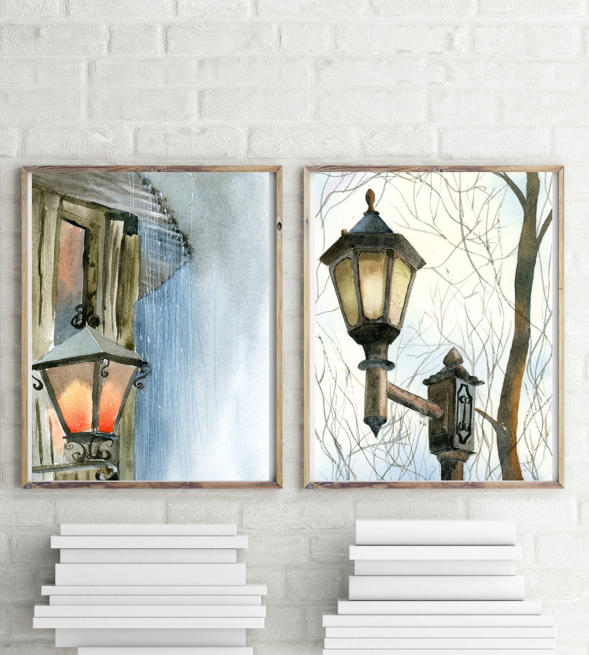 Lantern Painting Gallery Wall Set Of 2 Wall Art Prints Urban Sketch Lamp  Watercolor Artwork Room Wall Decor Painting Light Wall Art Within Flower And Butterfly Urban Design Metal Wall Decor (View 30 of 30)