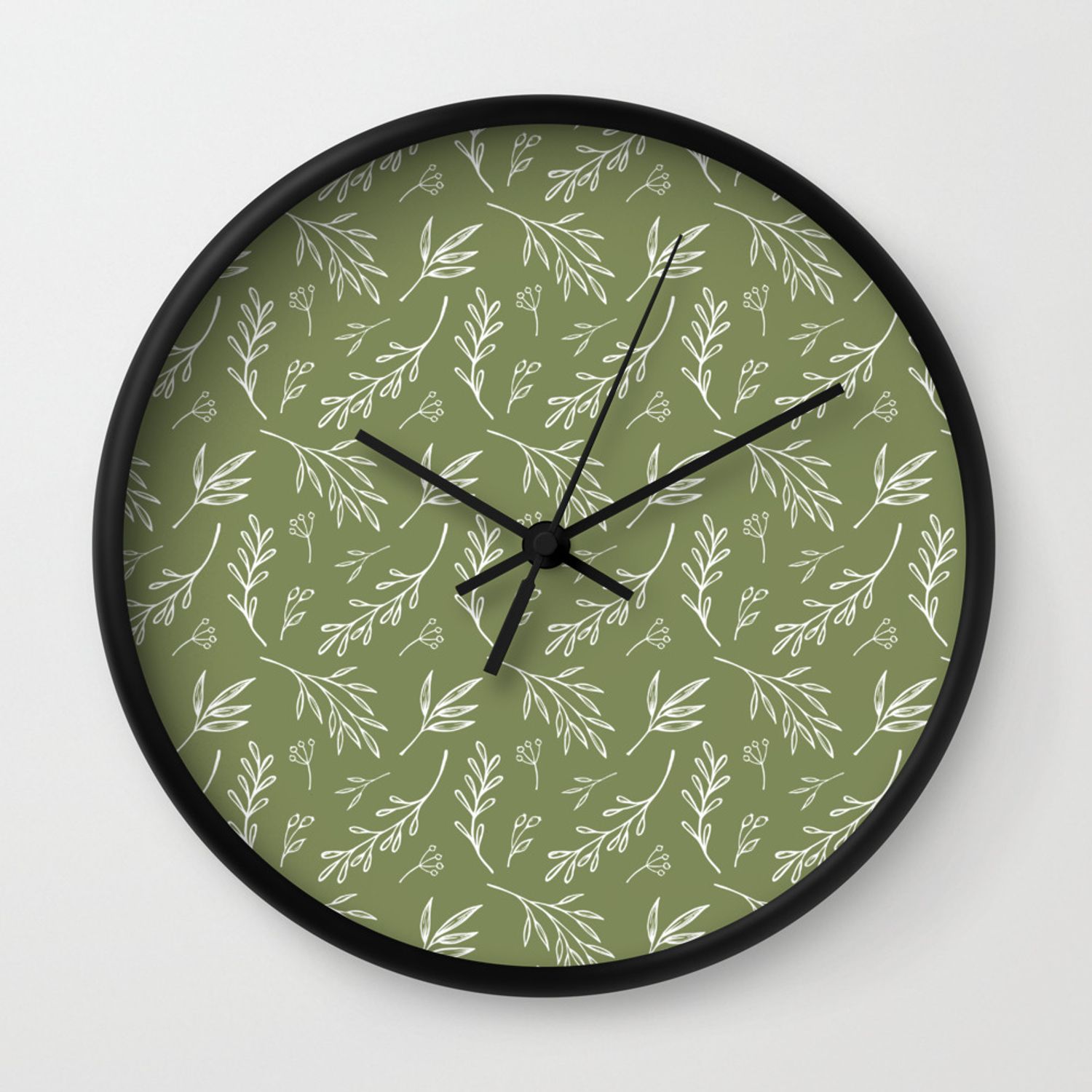 Leafy Botanical Line Art Pattern – Olive Green And White Wall Clock With Regard To Olive/gray Metal Wall Decor (View 27 of 30)