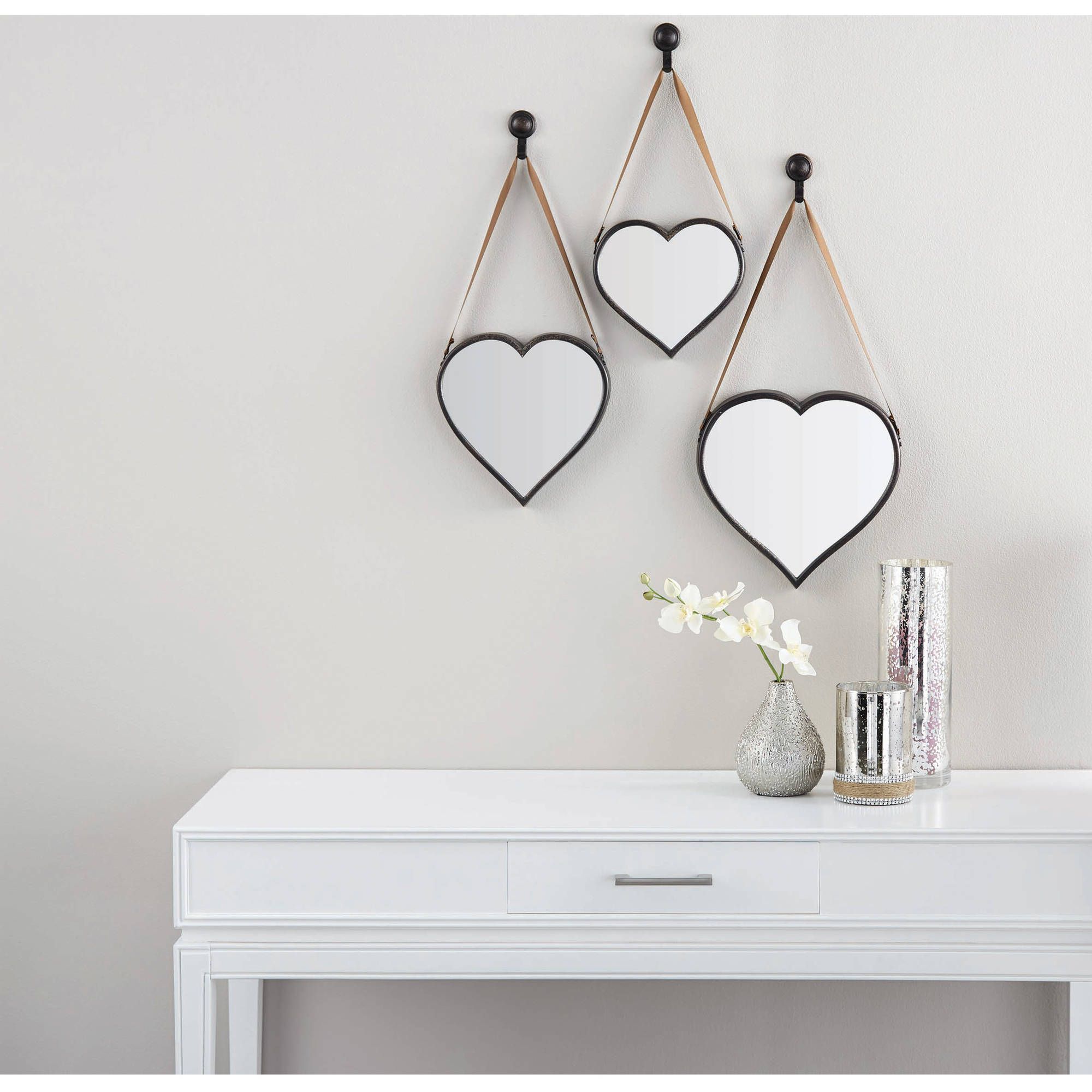 Mainstays 3 Piece Heart Mirror Set With Regard To 2 Piece Heart Shaped Fan Wall Decor Sets (View 1 of 30)