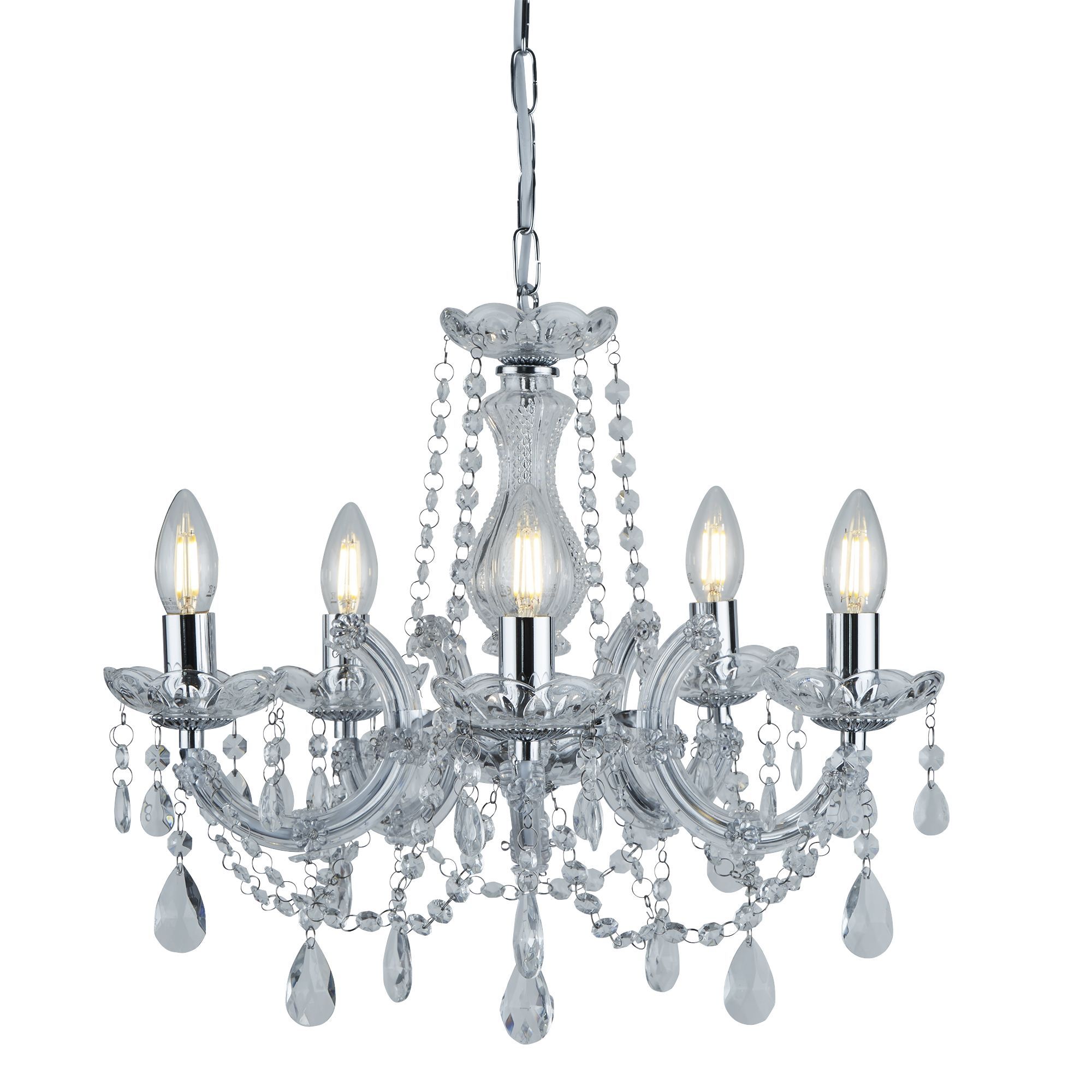 Marie Therese Chrome 5 Light Chandelier With Crystal Drops Inside Thresa 5 Light Shaded Chandeliers (View 17 of 30)