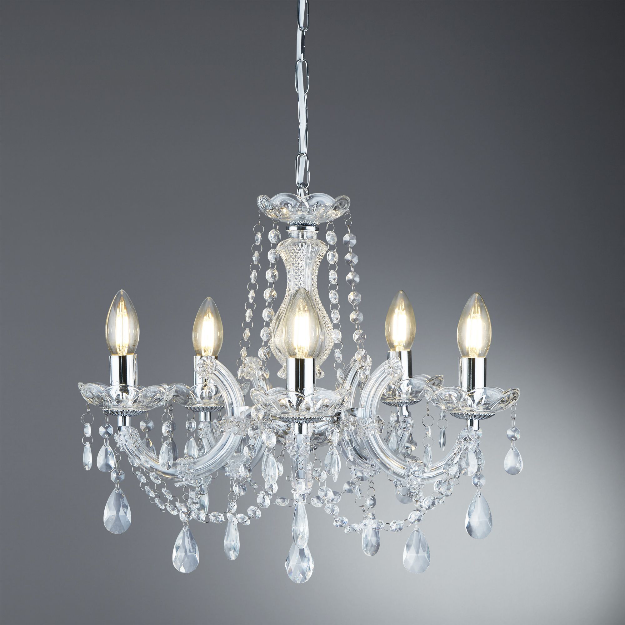 Marie Therese Chrome 5 Light Chandelier With Crystal Drops Intended For Thresa 5 Light Shaded Chandeliers (View 28 of 30)