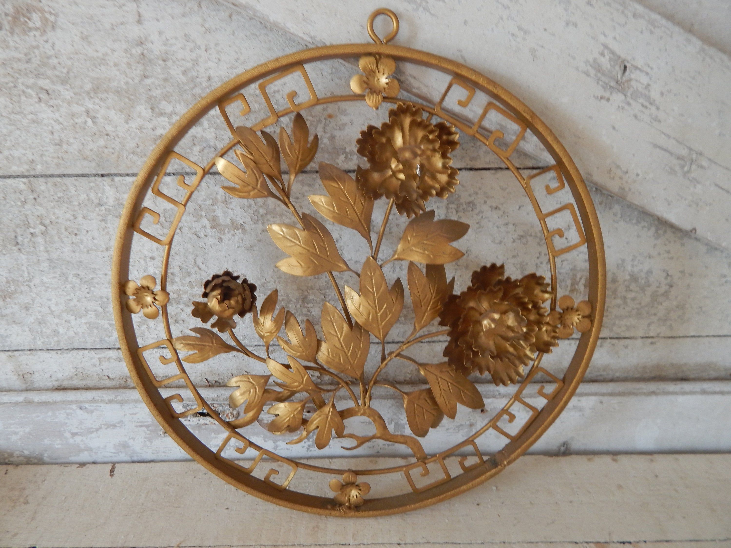 Metal Floral Greek Key Wall Art – Round Metal Work Mid Century Flower Wall  Plaques – Set Of Two Three Dimensional Gold Flower Wall Plaques In Three Flowers On Vine Wall Decor (Photo 27 of 30)