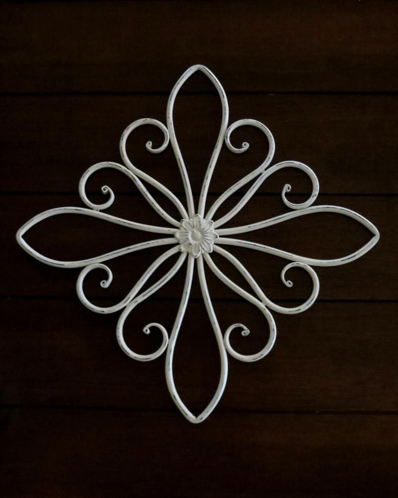 Metal Scrolled Wall Hanging / Metal Wall Decor / Creamy White Or Pick Color  / Shabby Chic Vintage Style Medallion / Indoor Outdoor Decor Pertaining To Shabby Medallion Wall Decor (View 15 of 30)