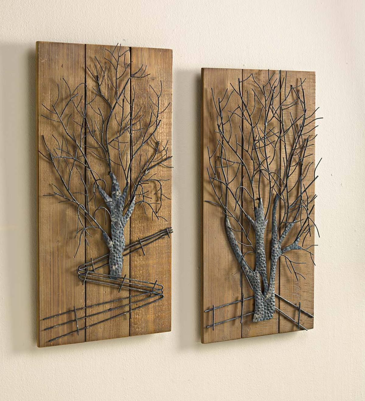 Metal Tree On Wooden Wall Art, Set Of 2 Throughout 4 Piece Metal Wall Plaque Decor Sets (View 27 of 30)