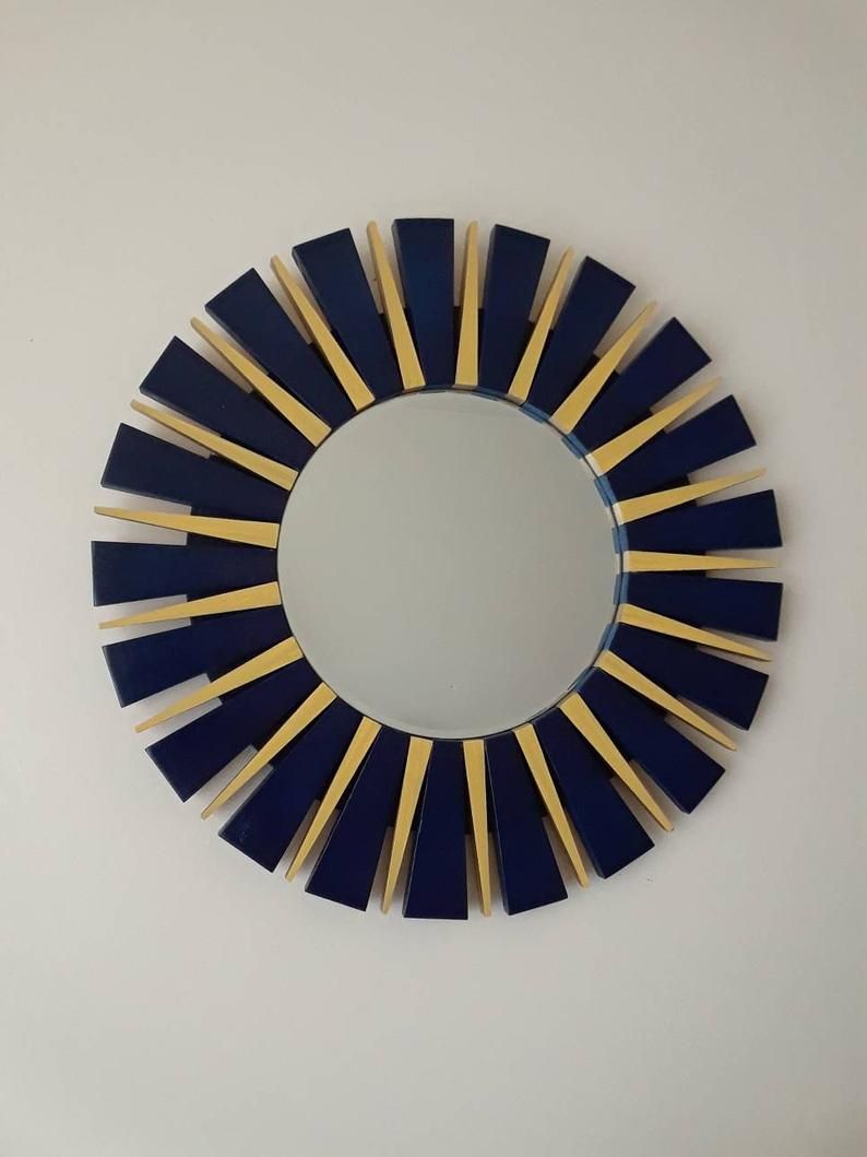 Navy Blue And Yellow Sunburst Round Wall Mirror Within Deniece Sunburst Round Wall Mirrors (Photo 26 of 30)