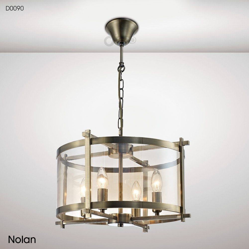 Nolan Lantern 4 Light Medium Ceiling Pendant In Antique Brass Finish With  Amber Glass With Regard To Nolan 1 Light Lantern Chandeliers (View 8 of 30)