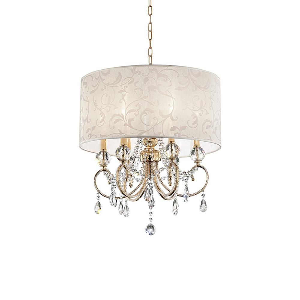 Ore International Aurora 24.5 In. 6 Light Crystal And Gold Chandelier With  Barocco Print Linen Shade Throughout Aurore 4 Light Crystal Chandeliers (Photo 19 of 30)