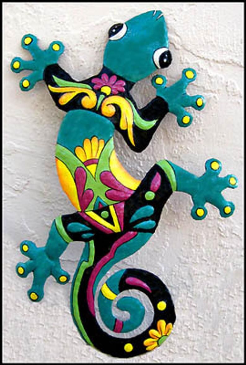 Painted Metal Gecko, Gecko Wall Decor, Garden Art, Metal Wall Hanging,  Outdoor Metal Art, Tropical Decor, Garden Decor, Wall Art, M 402 Tq With Gecko Wall Decor (View 2 of 30)