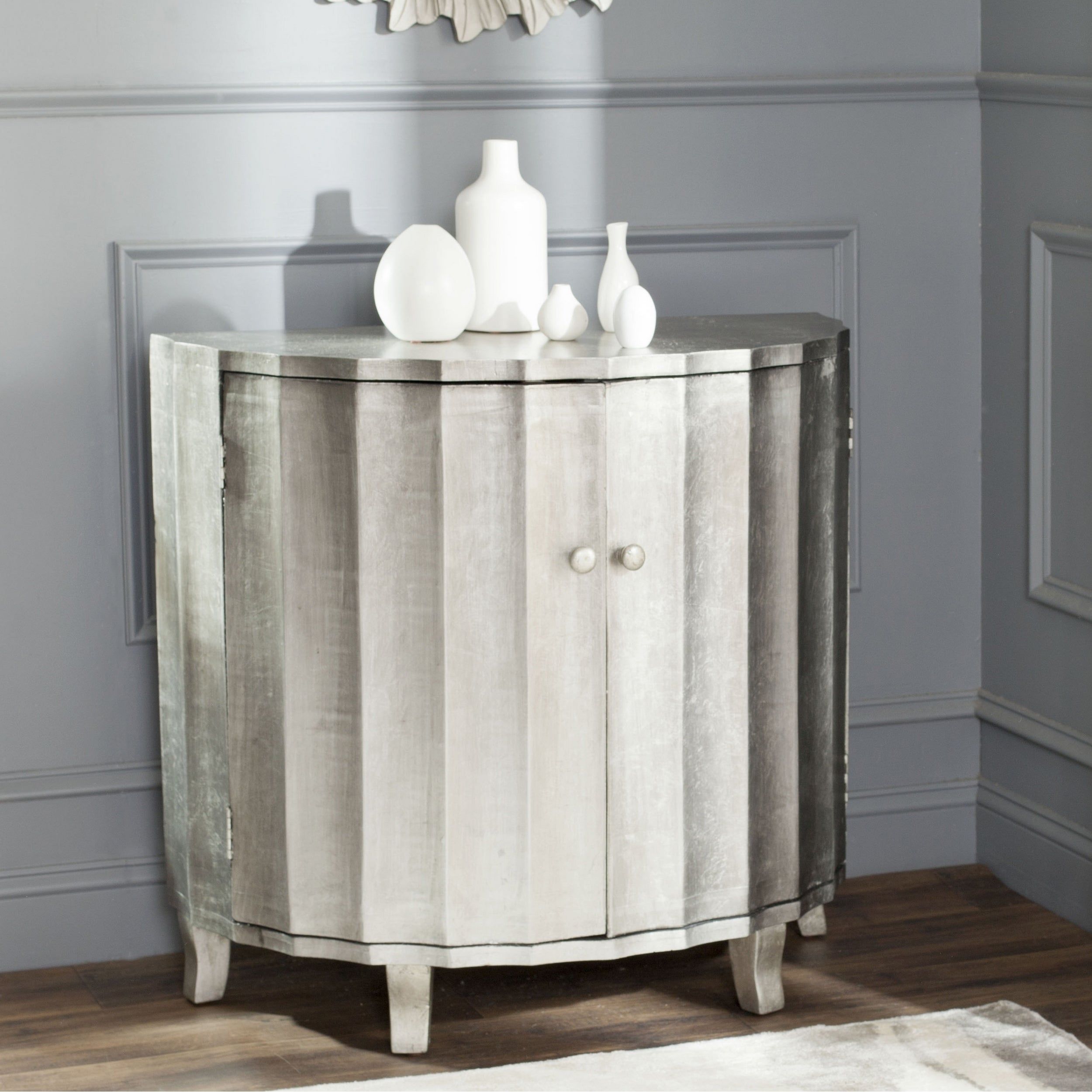 Safavieh Rutherford Demilune Silver Leaf Cabinet Intended For Rutherford Sideboards (Photo 17 of 30)