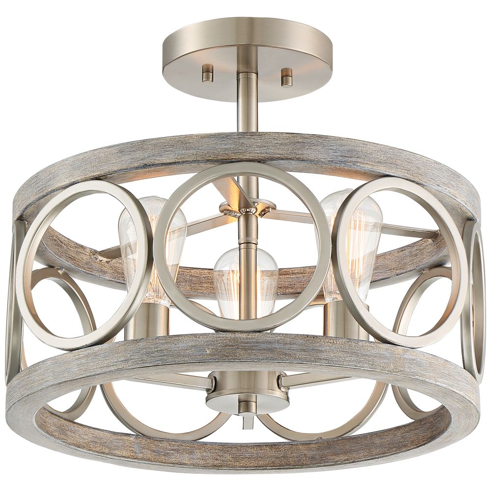 Salima 16" Wide Nickel And Gray Wood 3 Light Ceiling Light With Regard To Newent 3 Light Single Bowl Pendants (Photo 29 of 30)