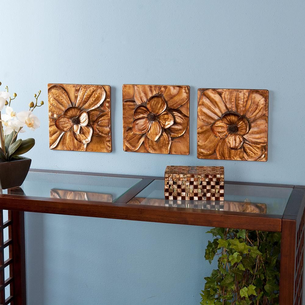 Southern Enterprises 10 In. X 10 In. Magnolia Wall 3 Piece In 3 Piece Magnolia Brown Panel Wall Decor Sets (Photo 3 of 30)