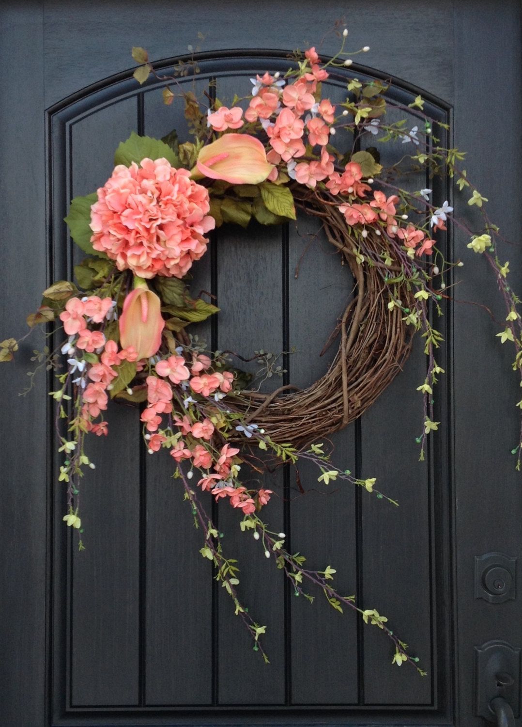 Spring Wreath Summer Wreath Floral White Green Branches Door Throughout Floral Patterned Over The Door Wall Decor (View 12 of 30)
