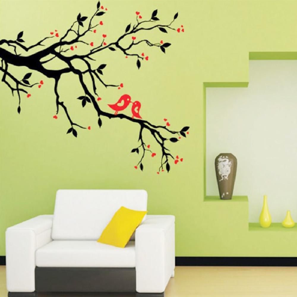 Tree Branch Love Birds Cherry Blossom Wall Decor Decals Removable  Decorative Wall Art Mural Poster Stickers For Living Room Tv Background Within Birds On A Branch Wall Decor (View 9 of 30)