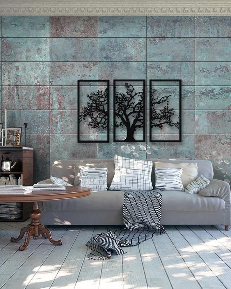 Tree Of Life 3 Pieces Metal Wall Art, Modern Rustic Wall Decor, Living Room  Home Decor, Special Design New Home Gift, Black Metal Wall Art Pertaining To 4 Piece Metal Wall Plaque Decor Sets (Photo 28 of 30)